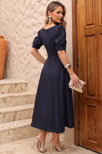 Vestido Midi Ohana Manga Curta Com Bolso e Zíper - Azul Marinho