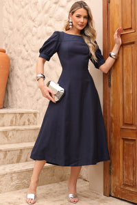 Vestido Midi Ohana Manga Curta Com Bolso e Zíper - Azul Marinho