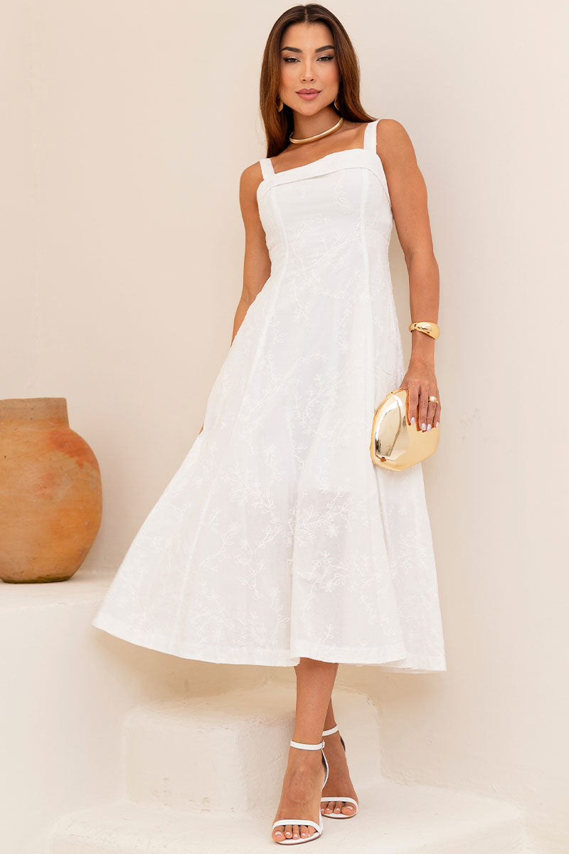 Vestido Loren Bordado Com Alça, Bolso e Zíper - Branco