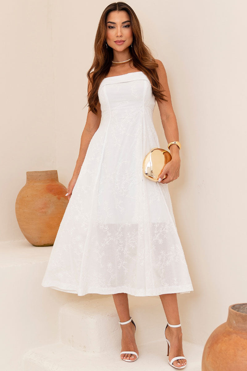 Vestido Loren Bordado Com Alça, Bolso e Zíper - Branco