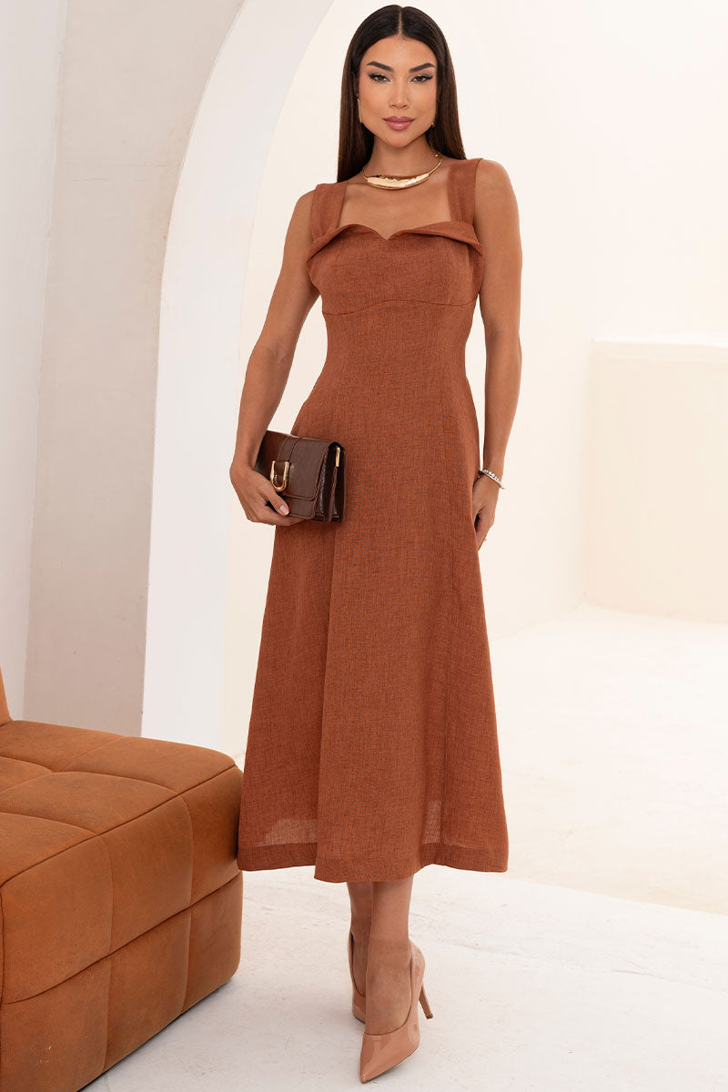 Vestido Francisca Midi Com Alça Larga - Marrom