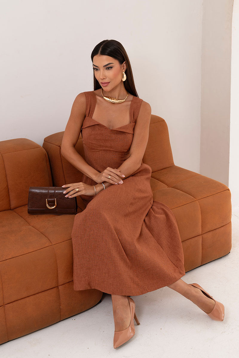 Vestido Francisca Midi Com Alça Larga - Marrom
