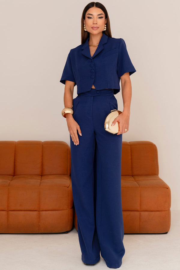 Calça Selena Alfaiataria Com Bolso Frente - Azul Marinho