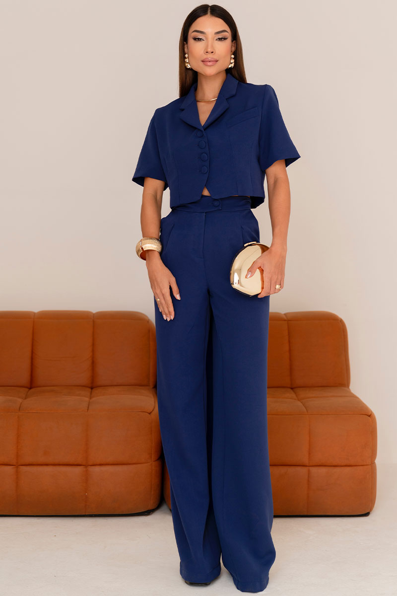 Calça Selena Alfaiataria Com Bolso Frente - Azul Marinho