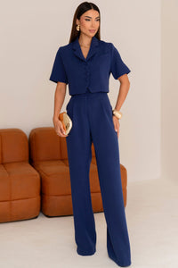 Calça Selena Alfaiataria Com Bolso Frente - Azul Marinho