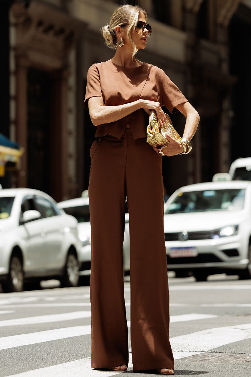 Calca Graça Alfaiataria Com Botões Marrom