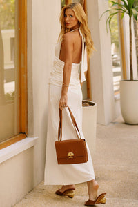 Vestido Gal Midi Frente Única Franzido com Fenda - Off White