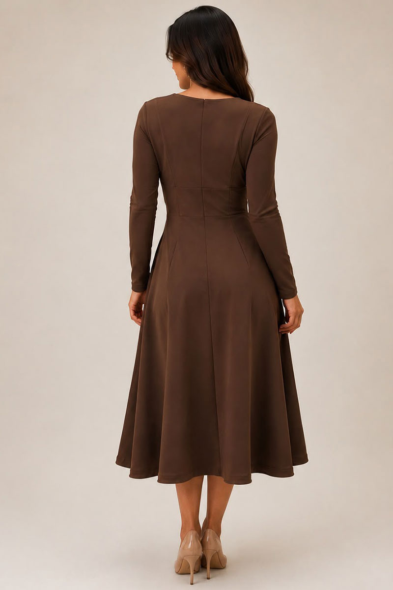 Dakota Women's Brown Long Sleeve Square Neck Midi Dress