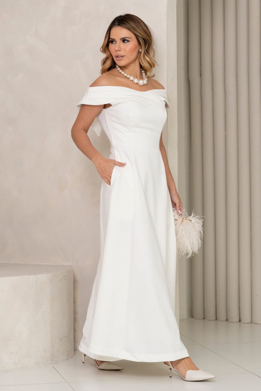 Vestido Miriam Midi Ombro a Ombro - Off White