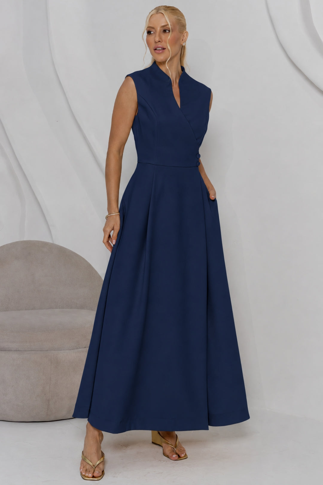 Vestido Sasha Midi Decote Transpassado - Azul Marinho