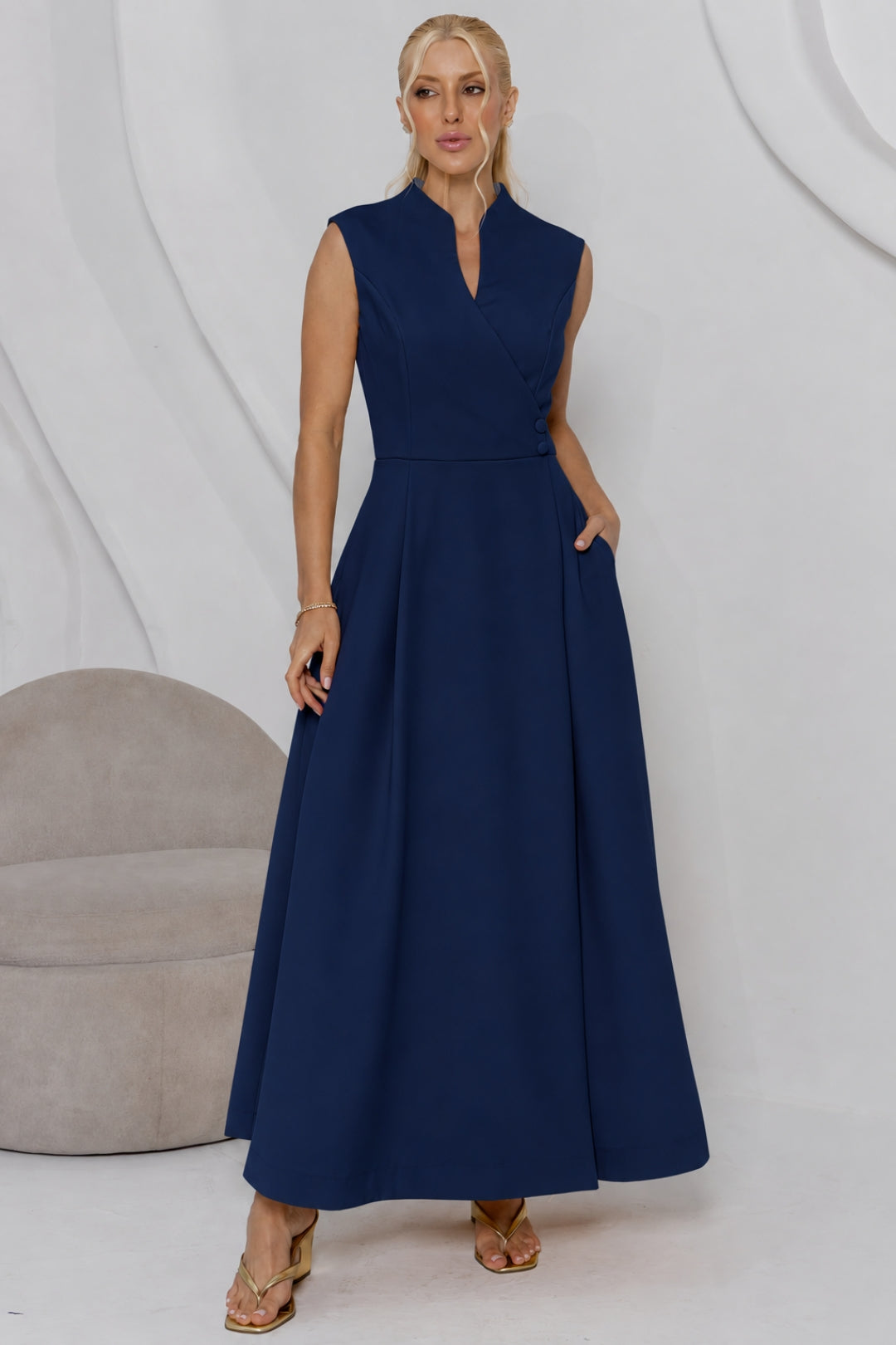 Vestido Sasha Midi Decote Transpassado - Azul Marinho