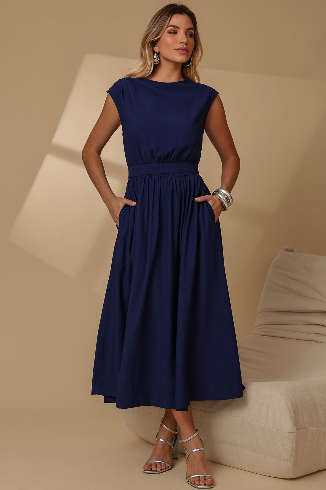 Vestido Genova Midi Rodado - Azul Marinho