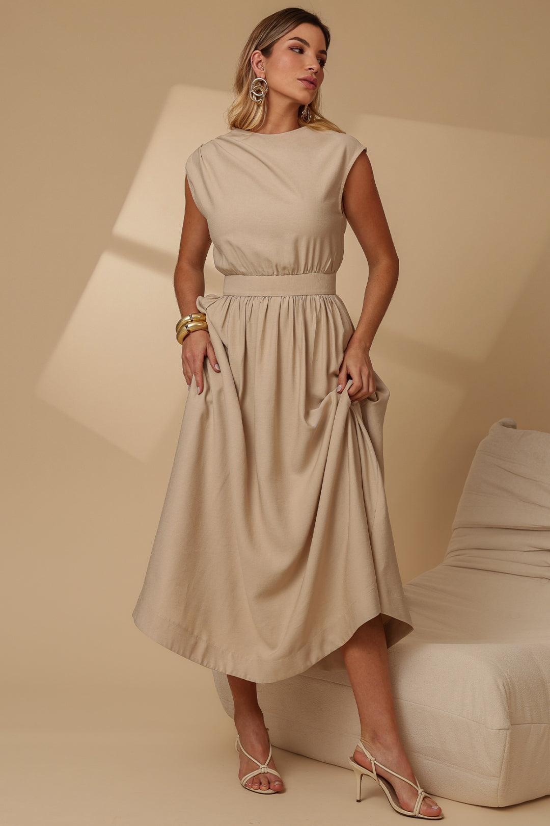 Vestido Genova Midi Rodado - Bege