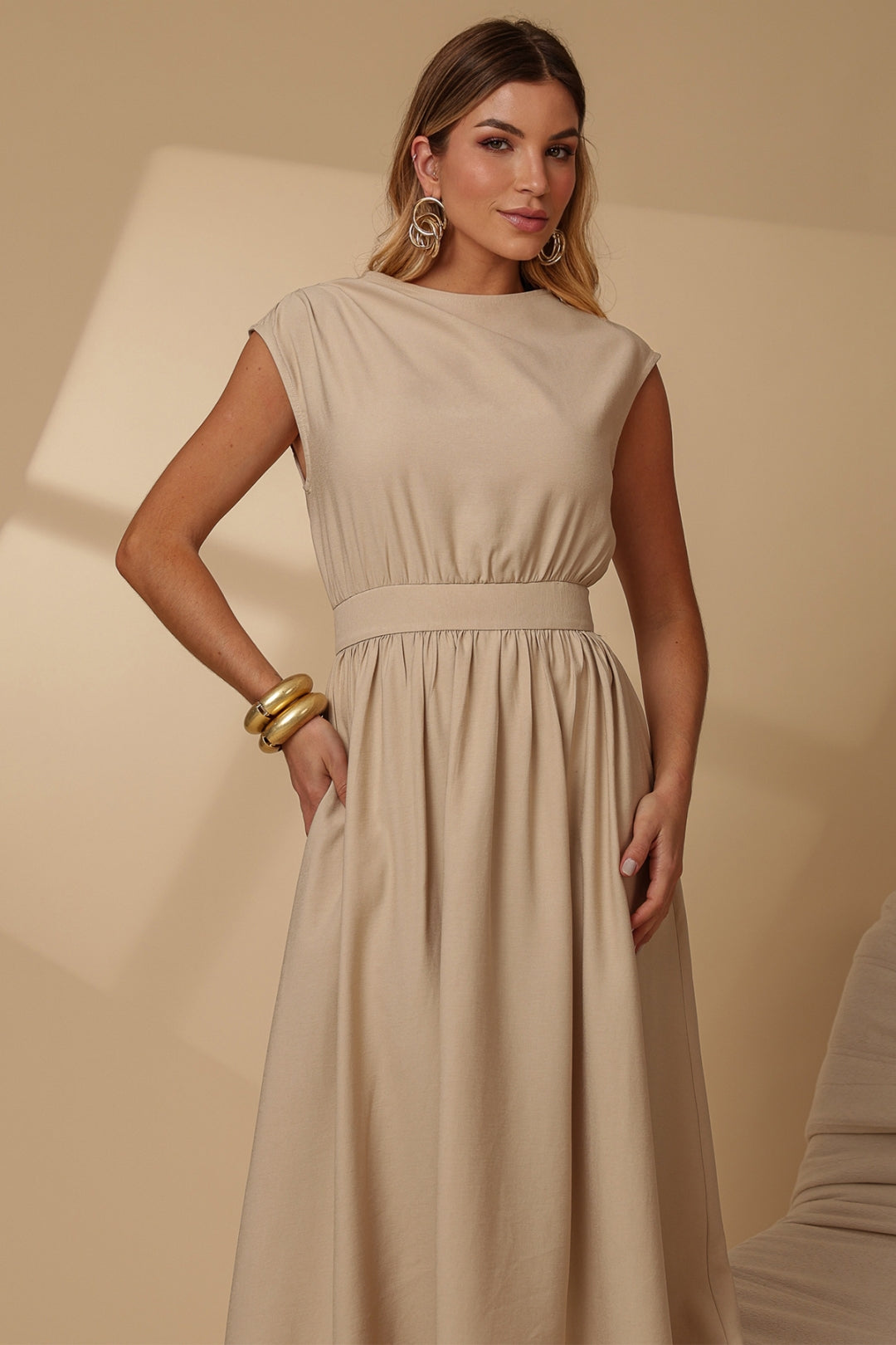 Vestido Genova Midi Rodado - Bege