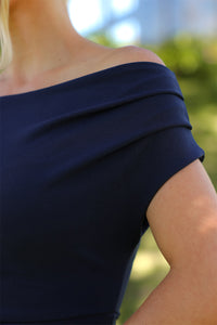 Vestido Paloma Curto com Drapeado no Ombro - Azul Marinho