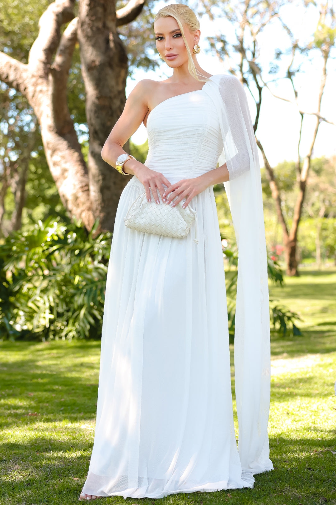 Vestido Rubi Longo de Tule com Véu - Off White