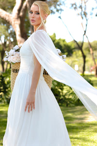 Vestido Rubi Longo de Tule com Véu - Off White
