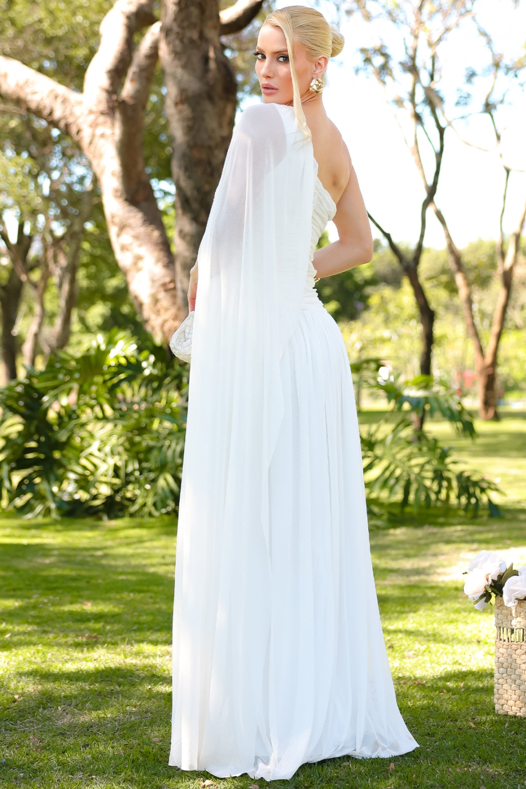Vestido Rubi Longo de Tule com Véu - Off White