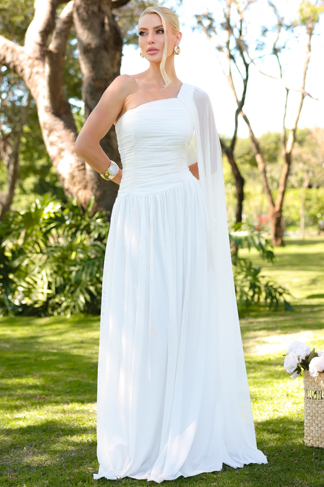 Vestido Rubi Longo de Tule com Véu - Off White