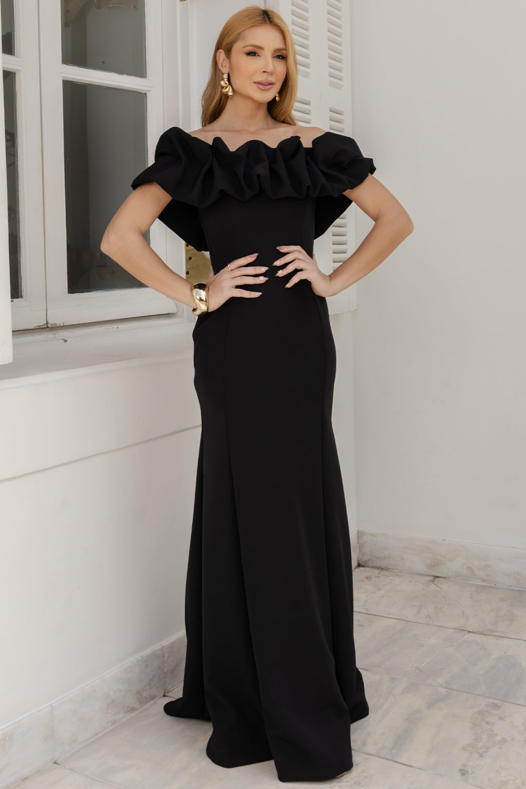 Vestido Violeta Longo Ombro a Ombro - Preto