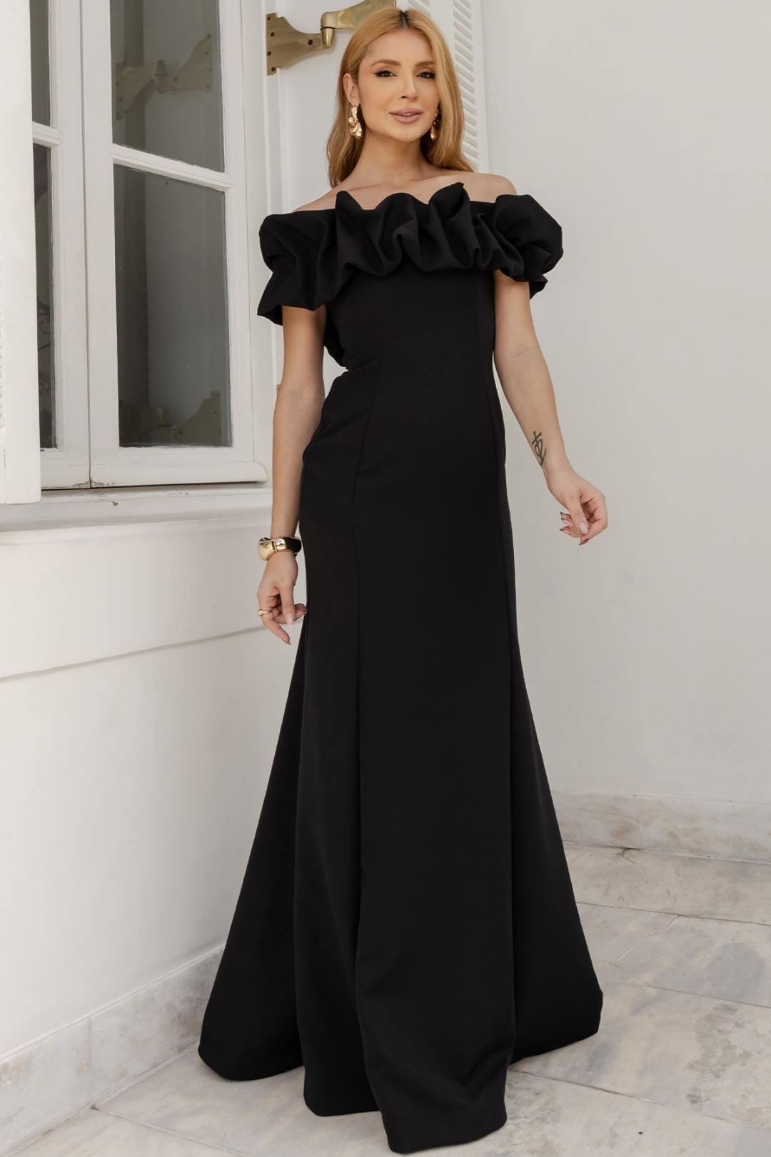 Vestido Violeta Longo Ombro a Ombro - Preto