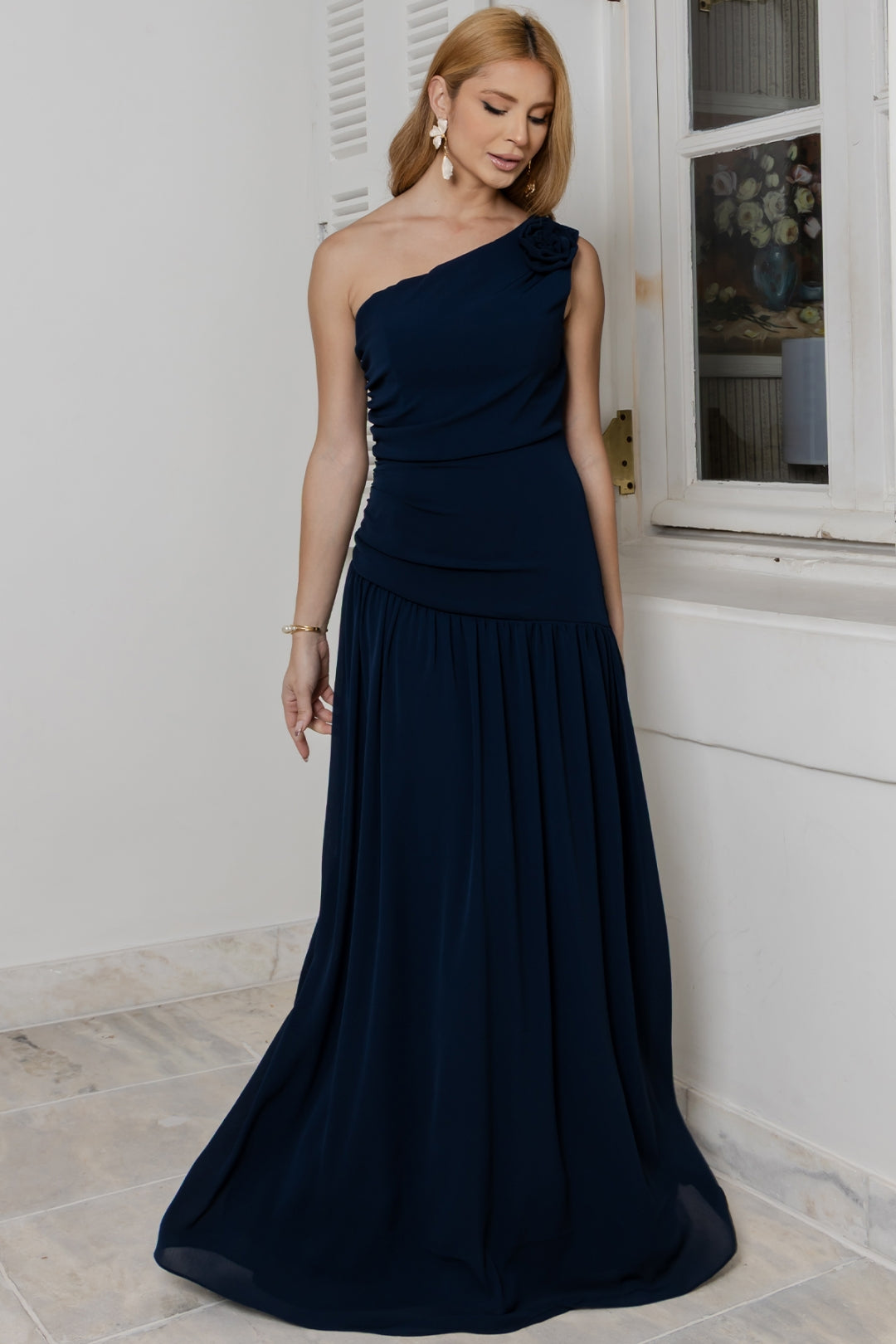 Vestido Romana Drapeado - Azul Marinho