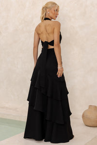 Vestido Caroline Longo com Babados na Saia - Preto