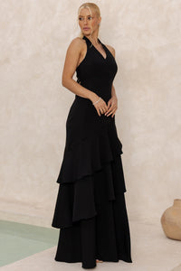 Vestido Caroline Longo com Babados na Saia - Preto