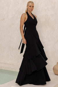Vestido Caroline Longo com Babados na Saia - Preto