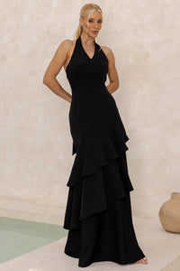 Vestido Caroline Longo com Babados na Saia - Preto