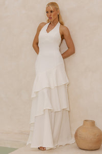 Vestido Caroline Longo com Babados na Saia - Off White