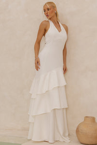 Vestido Caroline Longo com Babados na Saia - Off White