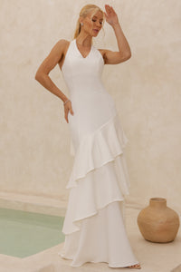 Vestido Caroline Longo com Babados na Saia - Off White