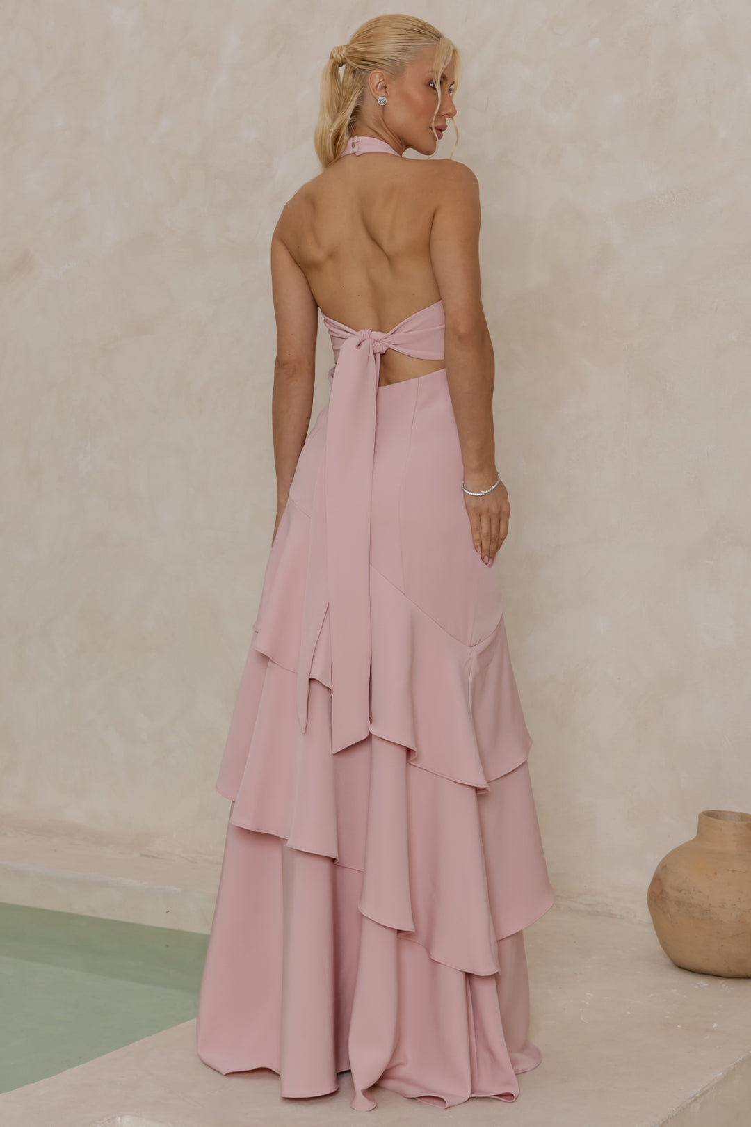 Vestido Caroline Longo com Babados na Saia - Rosê
