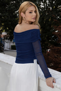 Blusa Liz Tule Manga Longa Ombro a Ombro - Azul Marinho