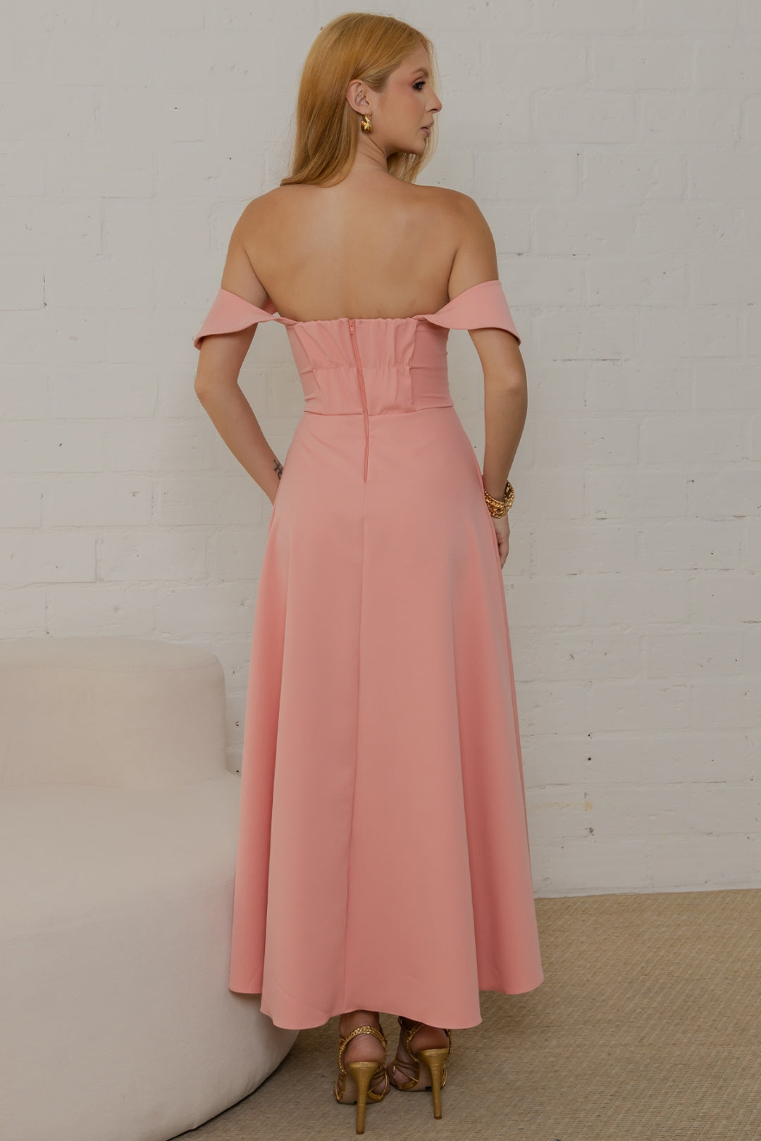 Vestido Ana Midi Ombro a Ombro - Salmão