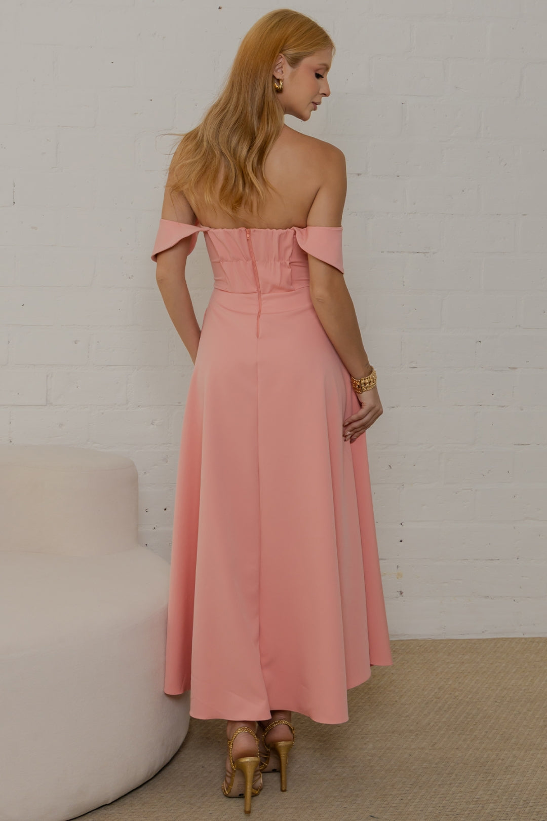Vestido Ana Midi Ombro a Ombro - Salmão