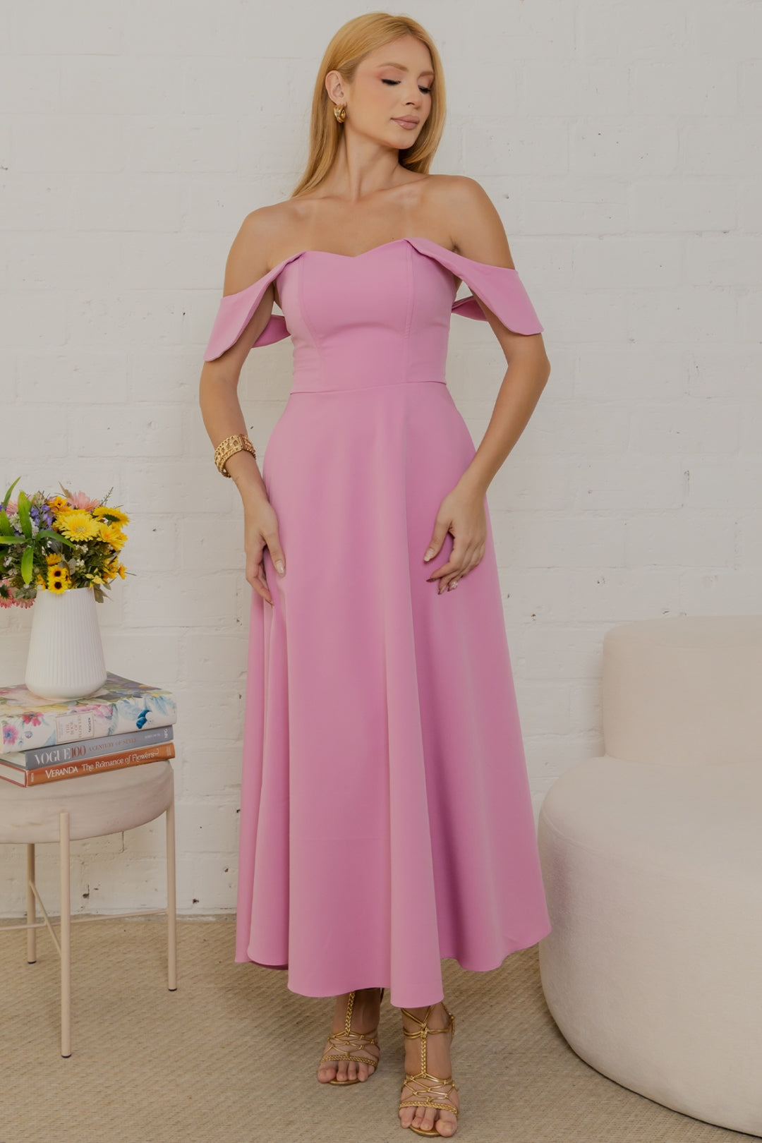 Vestido Ana Midi Ombro a Ombro - Rosa