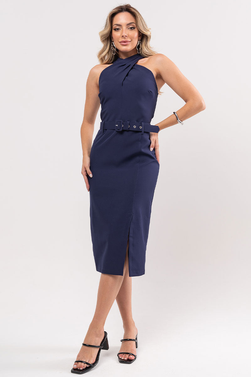 Vestido kelly Transpassado Tubinho Com Cinto - Azul