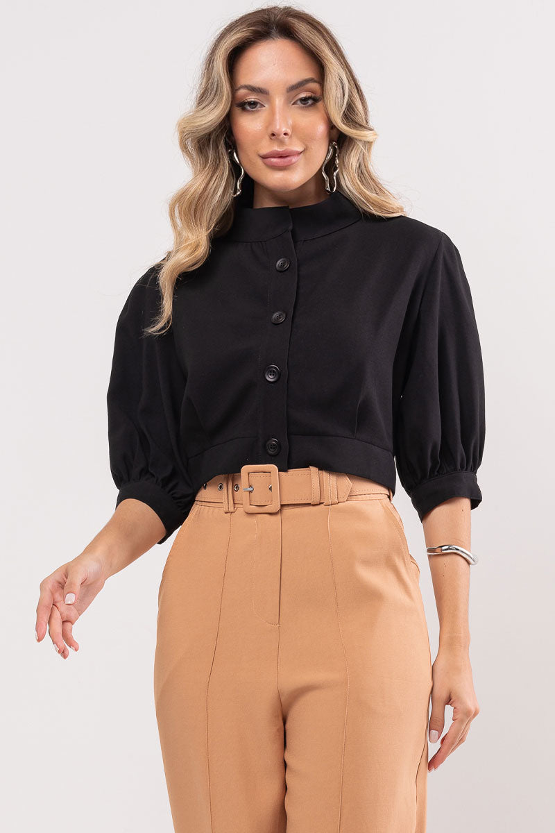 Blusa Nathalia Manga Com Botões - Preto