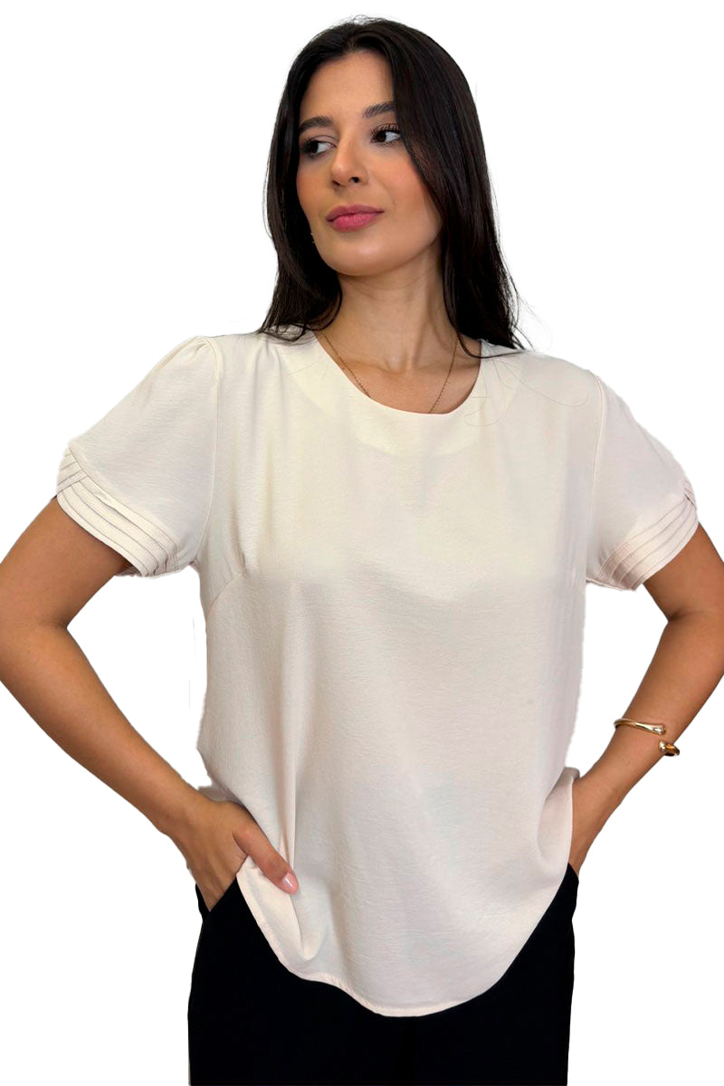 Blusa Kim Manga Curta Com Pregas - Bege