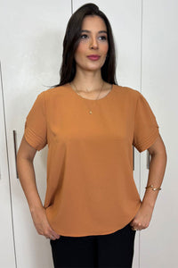 Blusa Kim Manga Curta Com Pregas - Caramelo