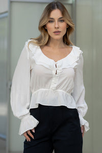 Blusa Pamela Com Babado, Botão e Manga Longa - Off White