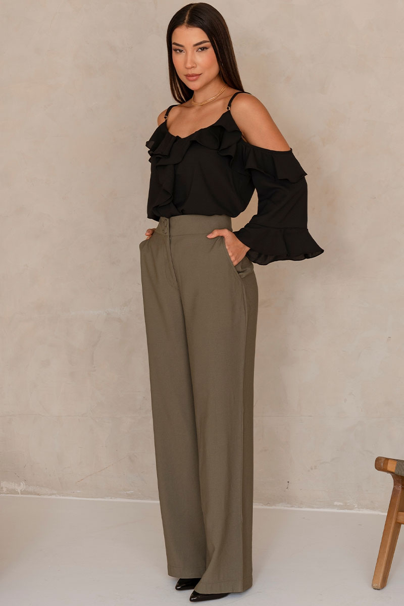 Blusa Poliana Crepe Manga Longa Vazada - Preto