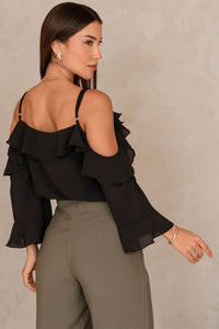 Blusa Poliana Crepe Manga Longa Vazada - Preto