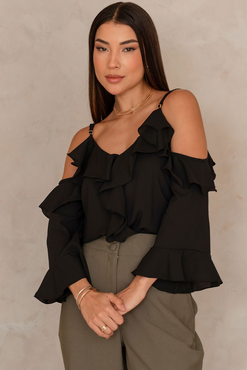 Blusa Poliana Crepe Manga Longa Vazada - Preto
