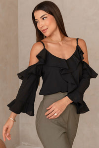 Blusa Poliana Crepe Manga Longa Vazada - Preto