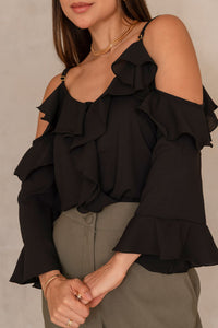 Blusa Poliana Crepe Manga Longa Vazada - Preto