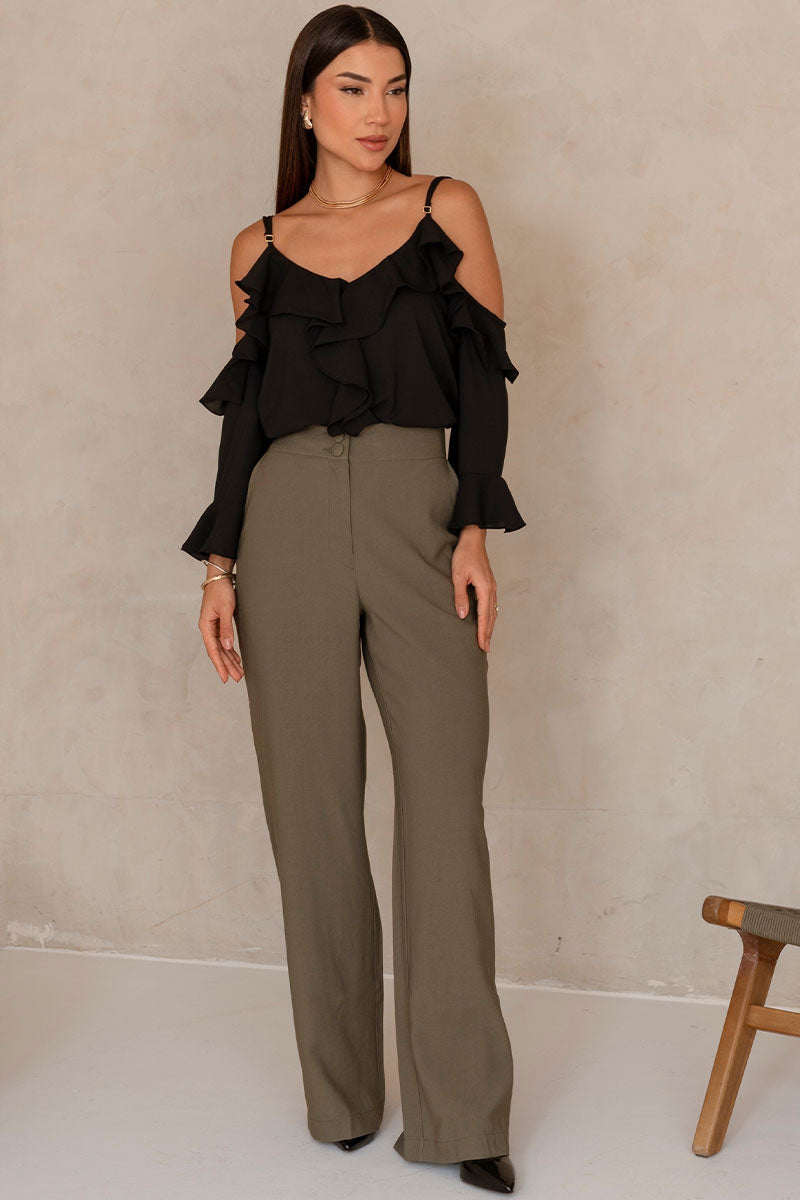 Blusa Poliana Crepe Manga Longa Vazada - Preto