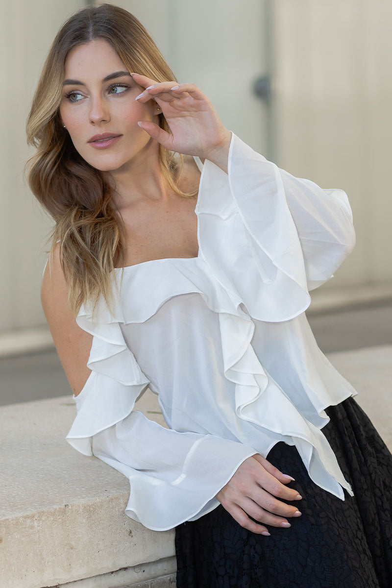 Blusa Poliana Crepe Manga Longa Vazada - Branco